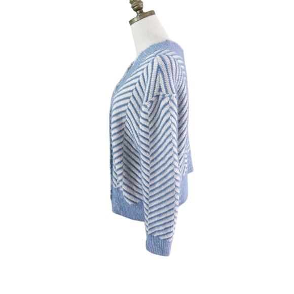 FRNCH Blue/White Herringbone Cardigan Size S/M V-Neck Button Up Oversized Fit - Picture 5 of 6
